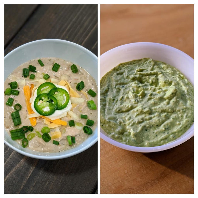 Creamy white bean chicken chili and Salsa de Aguacate. Not shown: cornbread, green salad, and chips/salsa. Super tasty!
