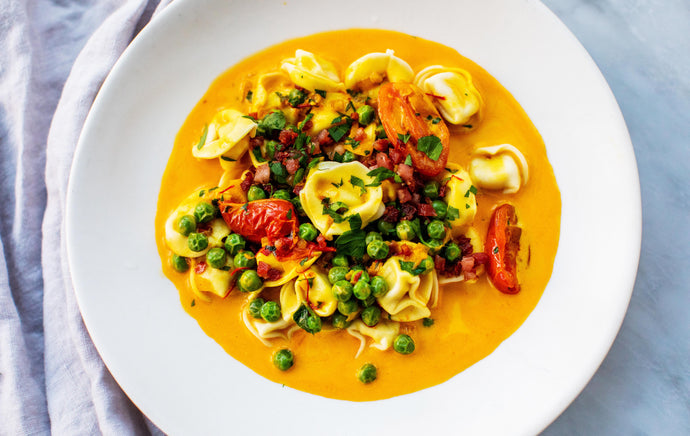 This is one of the prettiest dinners I’ve ever made! Tortellini with Saffron Cream and Pancetta