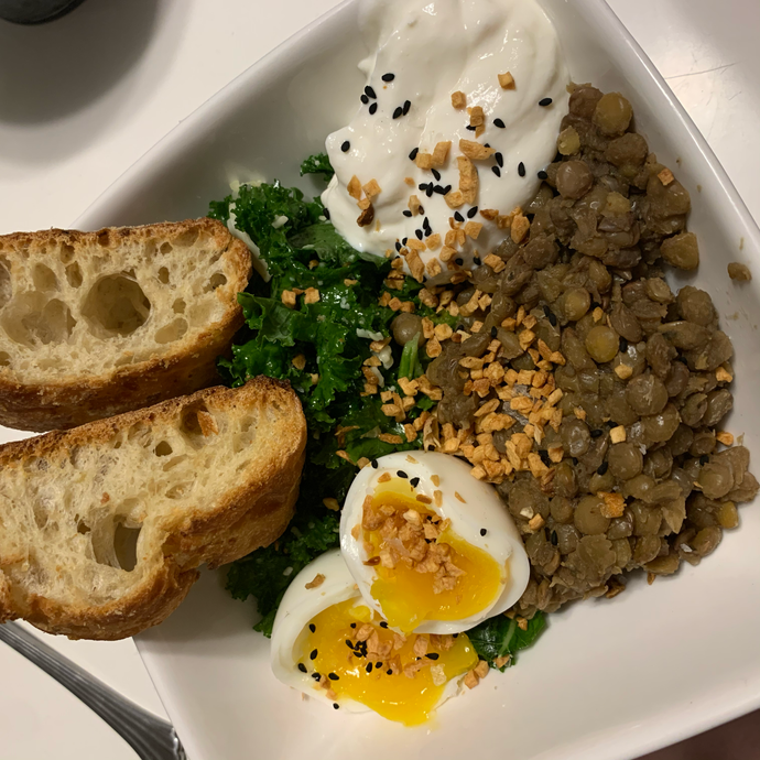 Bowls are my go-to (lentils and lemony kale and garlic yogurt and always a soft boiled baybeeeeee)