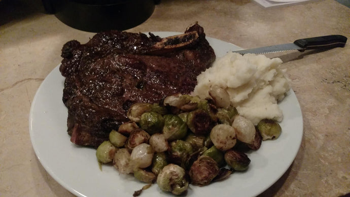 Ribeye,mashed potato, roasted brussel sprouts w/ pearl onions