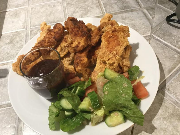 Made fried chicken for the first time ever tonight! It went GREAT! Salad on the side for guilt reduction.