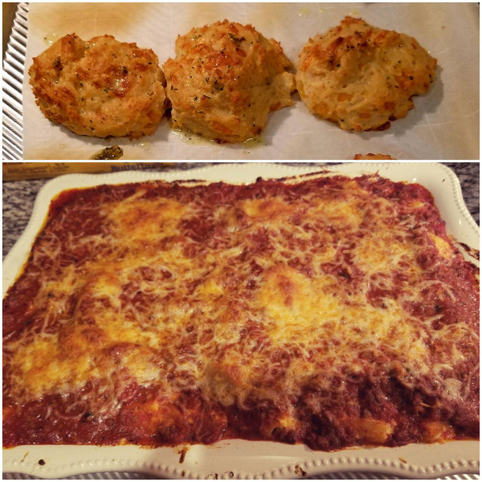 Baked ziti, Red Lobster biscuits, side salad (not pictured)