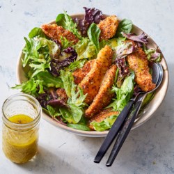 Homemade Chicken Tenders with Everything Bagel Seasoning over Salad