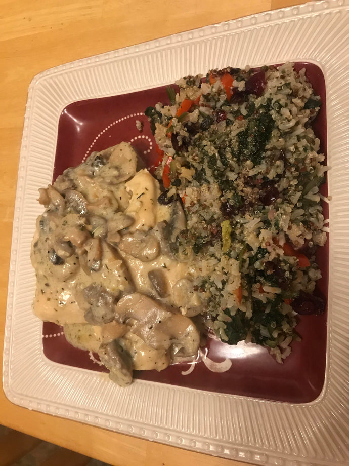 Mushroom cream chicken breasts with a super food mix on the side.
