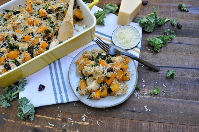 Butternut Squash, Chicken, Dried Cherry & Kale Casserole
