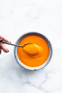 Roasted red pepper sauce is delicious on gluten free pasta, chicken, salmon, vegetables, or as a snack dip