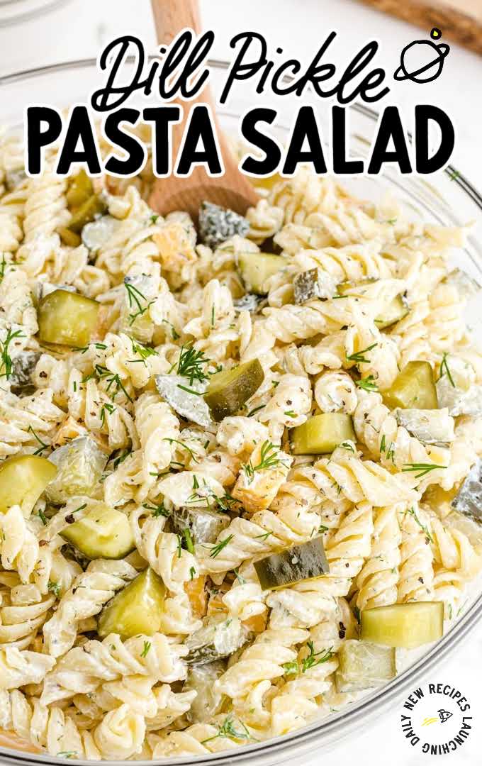 This dill pickle pasta salad features tangy and crunchy dill pickle