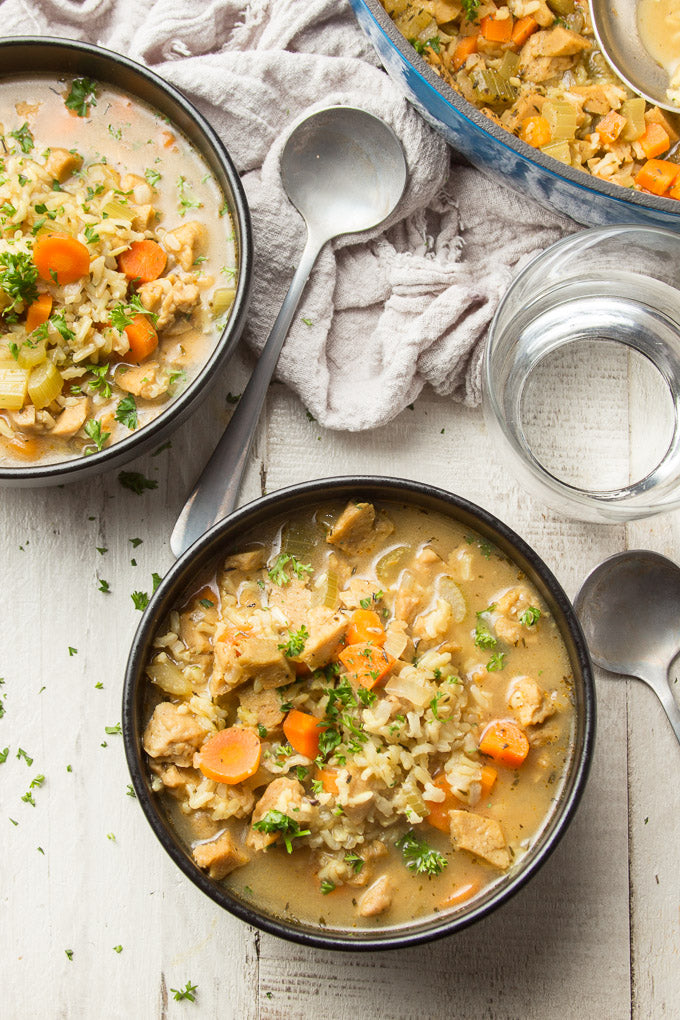 This simple vegan “chicken” and rice soup is super easy to make and oh-so-comforting