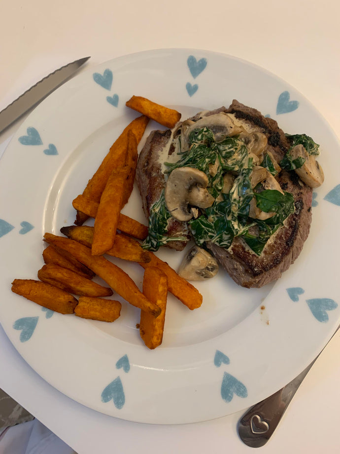 Tonights dinner - Creamy steak and Spinach (with mushrooms) with some sweet potato chips
