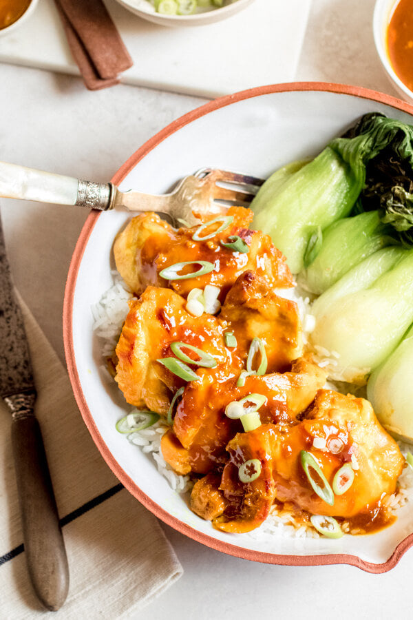 Instant Pot Apricot Ginger Chicken Thighs with Baby Bok Choy