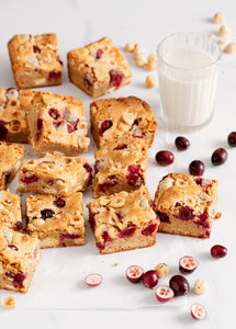 White Chocolate, Hazelnut, and Fresh Cranberry Blondies