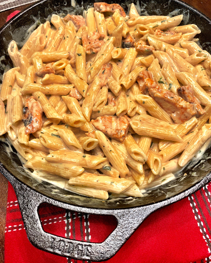 Dinner tonight was chicken Alfredo made with penne pasta in one of my Lodge cast iron pans  It was yummy