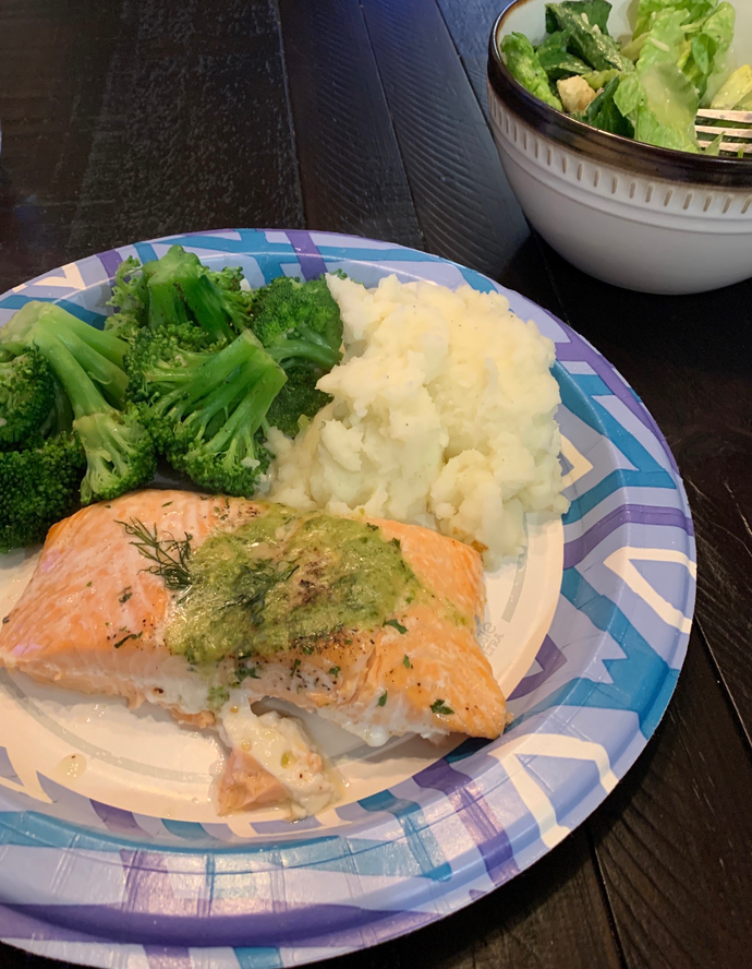 Salmon for dinner and paper plate for an added touch