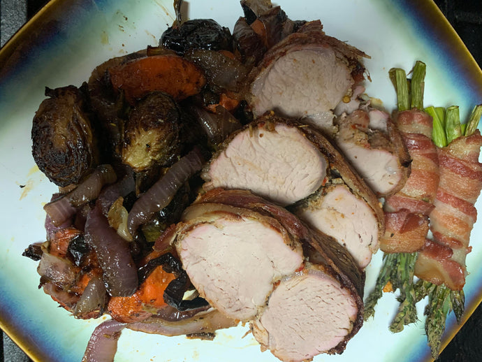 [Homemade] bacon wrapped pork loin, Roasted Brussels sprouts, onions, and carrots with bacon wrapped asparagus