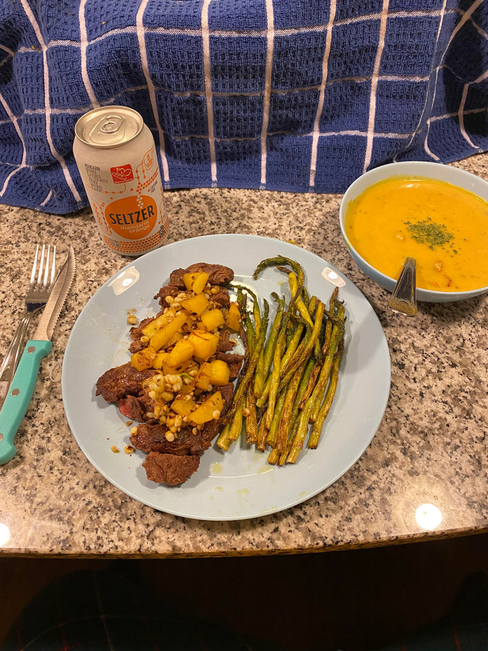 Bison steak topped with mango/ sweet corn. Asparagus and a homemade butternut squash soup.