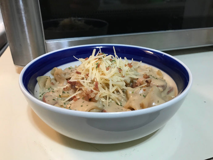 Cheddar cheese sausage stroganoff with Parmesan and bacon