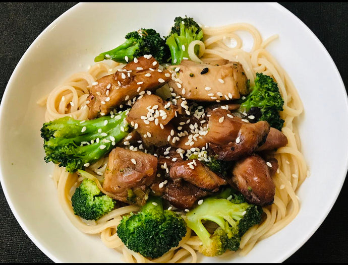 A quick chicken teriyaki with brown rice noodle
