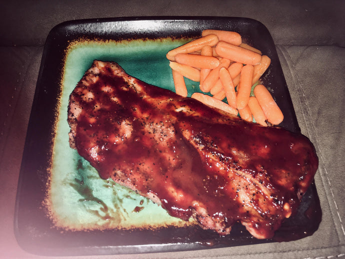 Husband found great pork steak!! (Rare find here in TX). Steamed butter (spray) carrots.