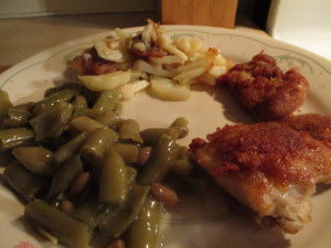Fried Chicken Thighs w/ Fried Potatoes and Canned Green Beans