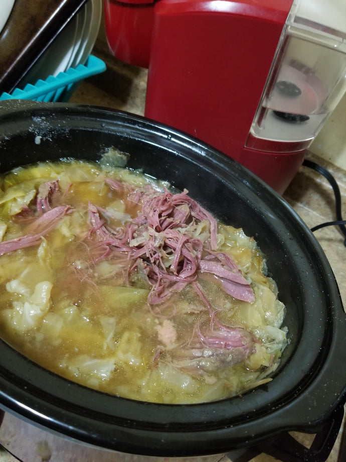 Some corned beef and cabbage slow cooked. Cornbread (not pictured)