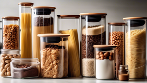 A photograph of an open glass storage container with a variety of dried goods inside, such as pasta, rice, beans, and coffee. The container is designed to be airtight and transparent, with a wooden li