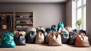 Create an image of a chaotic room with piles of bags everywhere. In the center of the room, there is a sleek, modern bag storage solution that is neatly organized. The bags are all different sizes and