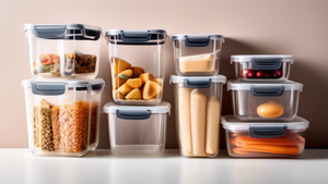 A set of airtight food storage containers in various sizes and shapes, with lids that seal tightly to keep food fresh. The containers are made of transparent plastic so that the contents are visible. 