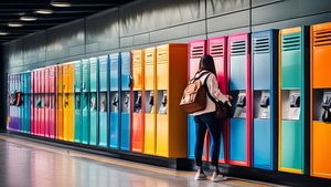 A photo of a row of modern, sleek, and colorful bag lockers in a variety of sizes, shapes, and colors, installed in a busy public space such as a train station or airport, with people using and intera