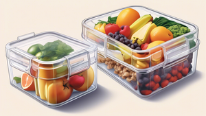 Create an intricate illustration of an airtight container, emphasizing its ability to maintain freshness. Feature various items such as fruits, vegetables, grains, and other perishable goods nestled s