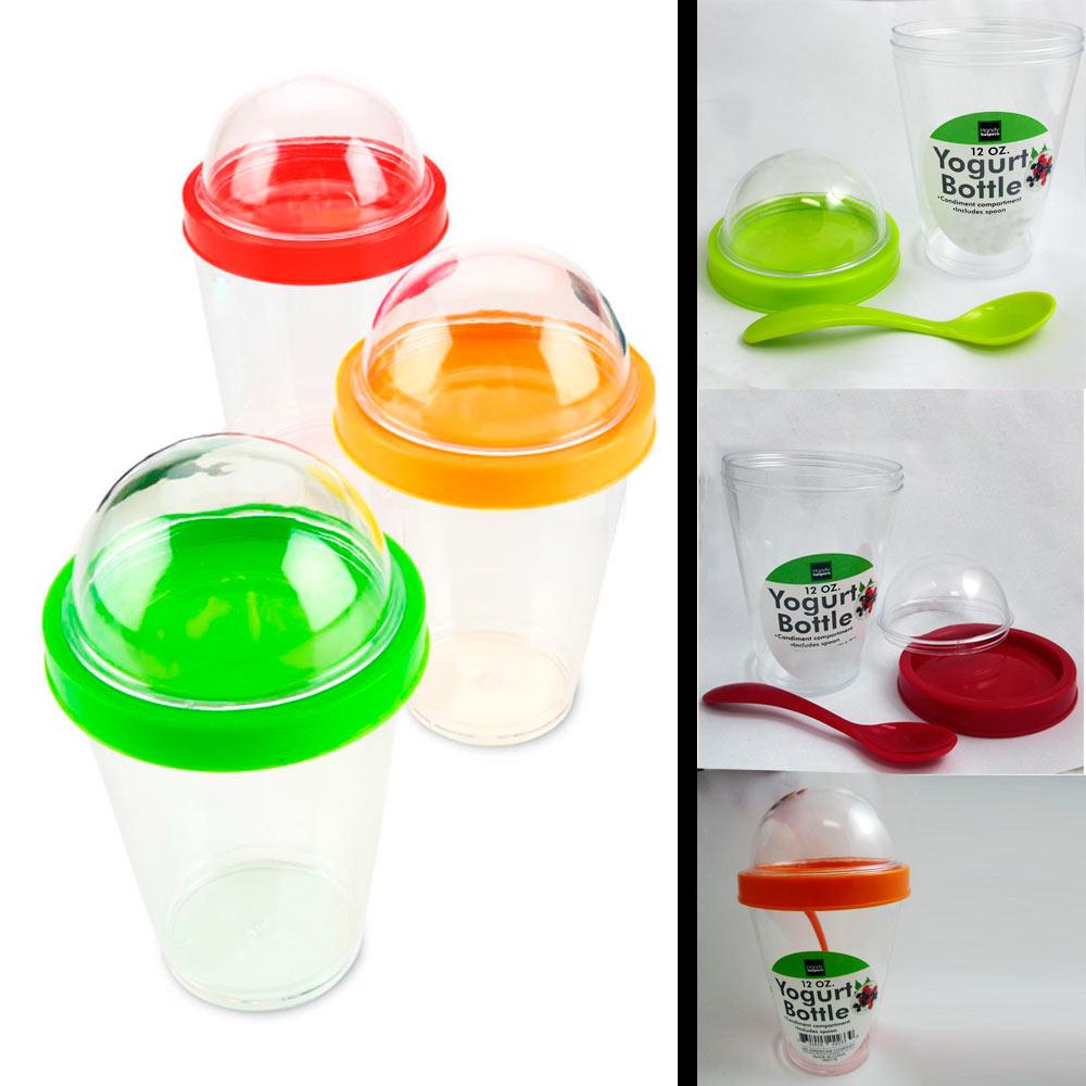 2 Yogurt Cereal Cup Spoon Lid Parfait Travel Food Storage Snack Container 12 oz