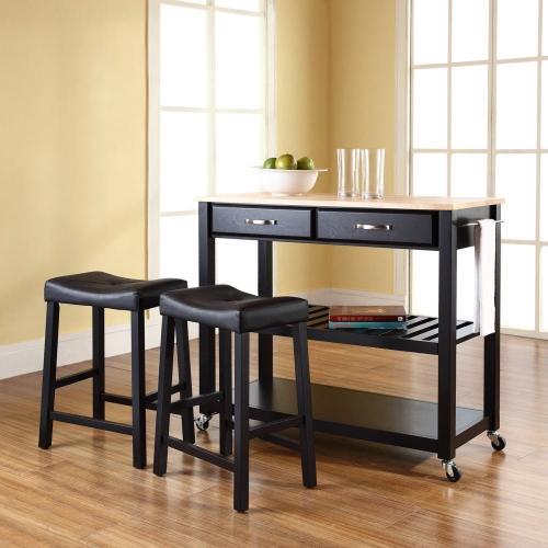Natural Wood Top Kitchen Cart Island in Black with Saddle Stools