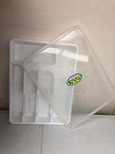he-home essentials Flatware Tray+lid-Closes Tightly-Silverware Drawer Utensils Organizer with Cover-Cutlery Plastic Tray with Cover lid-White