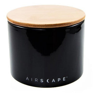 Airscape Ceramic Coffee and Food Storage Canister, 4" Small - Patented Airtight Inner Lid Releases CO2 and Preserves Food Freshness - Glazed Ceramic with Bamboo Top - Obsidian Black