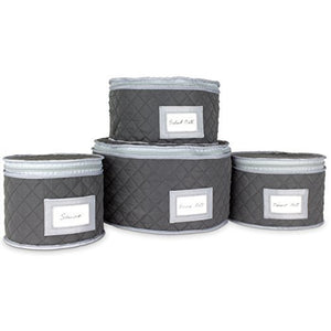 Fine China Storage - Set of 4 Quilted Cases for Dinnerware Storage. Sizes: 12" - 10" - 8.5" and 7" Long - Gray - Quilted Fabric Container with 48 Felt Plate Separators Included