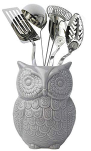Comfify Owl Utensil Holder Decorative Ceramic Cookware Crock & Organizer, in Lovely Grey Color - Utensil Caddy and Perfect Kitchen Ceramic Décor Gift - 5” x 7” x 4” Size
