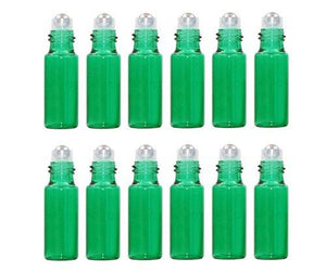 12Pcs 5Ml Empty Glass Essential Oil Sample Packing Roller Roll-On Bottles With Metal Roller Balls And Black Cap Makeup Aromatherapy Perfumes Lip Balms Vial Storage Container Jar Pots (Green)