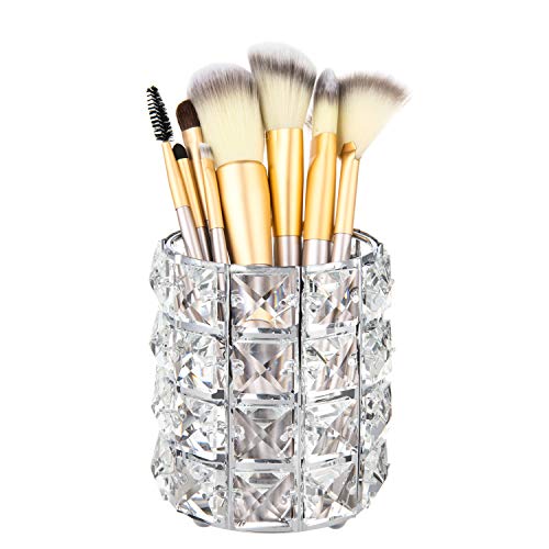 Feyarl Crystal Beads Makeup Brush Holder Silver Bling Handcrafted Comb Brush Pen Pencil Holder Pot Storage Cosmetic Tools Organizer Container Candle Holder (1pcs)