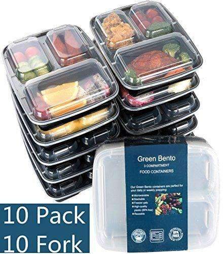 3 Compartment Meal Prep Food Storage Containers with Lids, 10 Pack