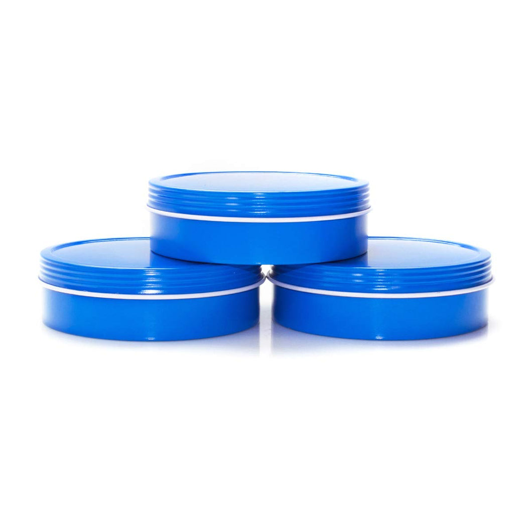 Mimi Pack 6 oz Shallow Round Metal Tin Can Empty Screw Top Lid Steel Containers For Cosmetics, Favors, Spices, Balms, Gels, Candles, Gifts, Storage 24 Pack (Blue)