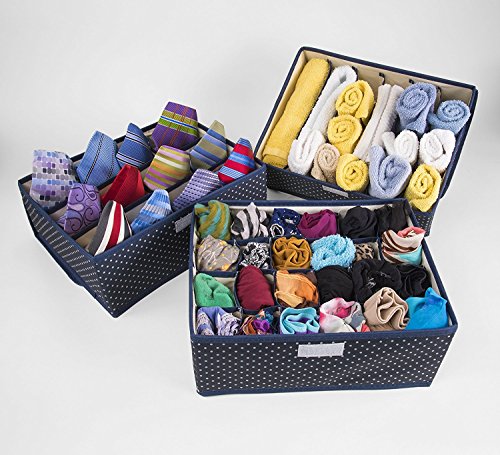Drawer Organizers—Elegantly Designed Set of Three Oxford Cloth Storage Boxes with lids—Separate Lingerie, Socks, Ties and Other Items in Neat compartments. Comes with Bonus Washing Bag.