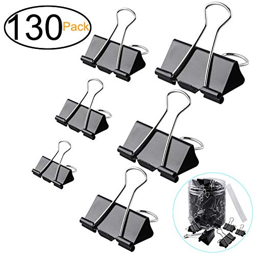 ExcelFu 130 Pcs Binder Clips Paper Clamp Clips Paper Binder Assorted 6 Sizes, Black