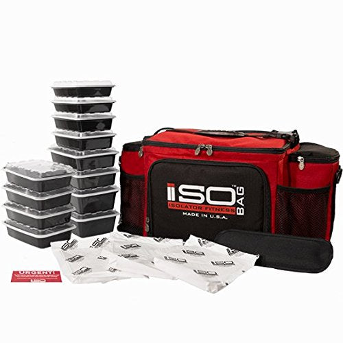 Isolator Fitness 6 Meal ISOBAG Meal Prep Management Insulated Lunch Bag Cooler with 12 Stackable Meal Prep Containers, 3 ISOBRICKS, and Shoulder Strap - Made in USA (Red/Black)