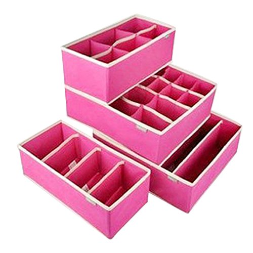 Drawer Closet Organizers Boxes For Underwear Bra Home Non-woven Scarf Socks Bra Storage Box,Rose Red Set 4 Pcs