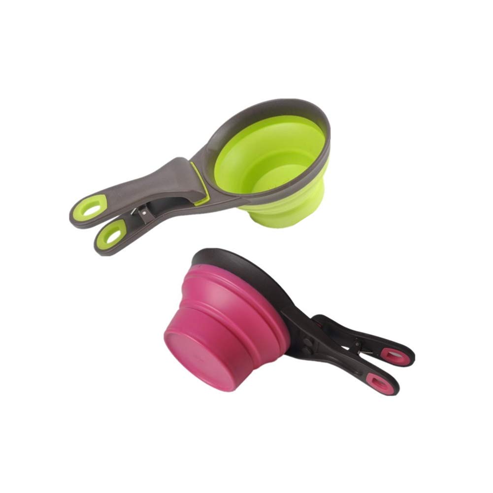 Collapsible pet scoop for dog cat food water, silicon measuring cup bowls set of 2, foldable bag clip for pets green/purple by Vanshchan.