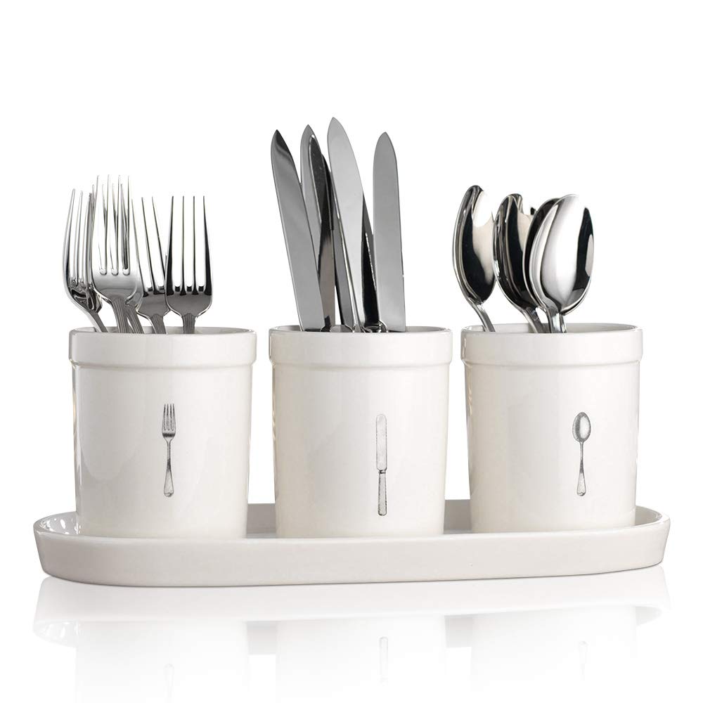 Glass Utensil Caddy - 4 Sectional on Metal Decorative Holder ~ Set of Square Vases for Loose Flowers