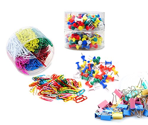 Pins & Tacks All In One Combo Office Supplies Set- 600 Paper Clips, 200 Push Pins, 40 Binder Clips. Great Teachers Pack! By Mega Stationers