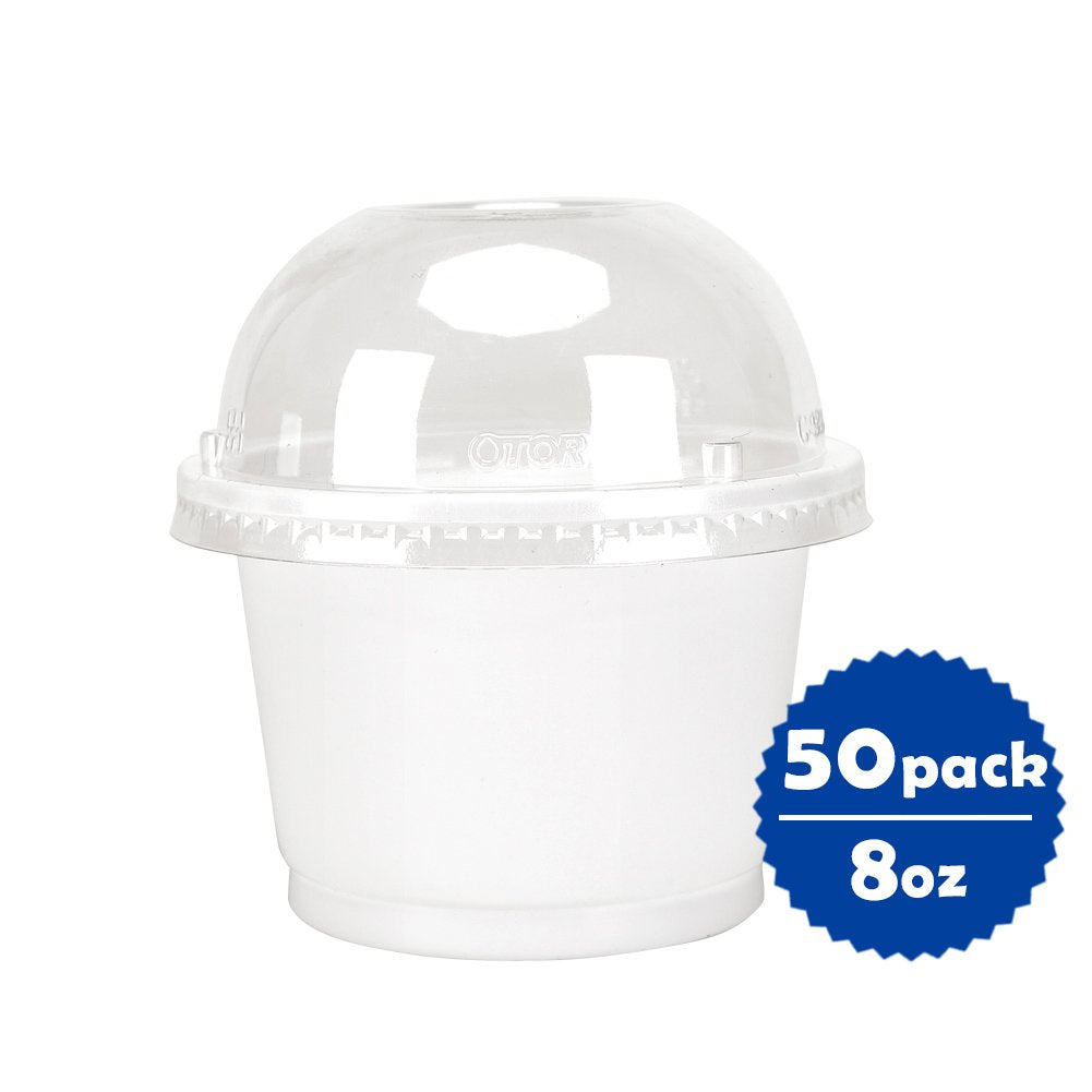 OTOR 8oz Hot/Cold Disposable Plastic Cups with Dome Lids - 50 Sets - Ice Cream Cups, Snack bowl, Take Away Food Container for Dessert Fast food Soup