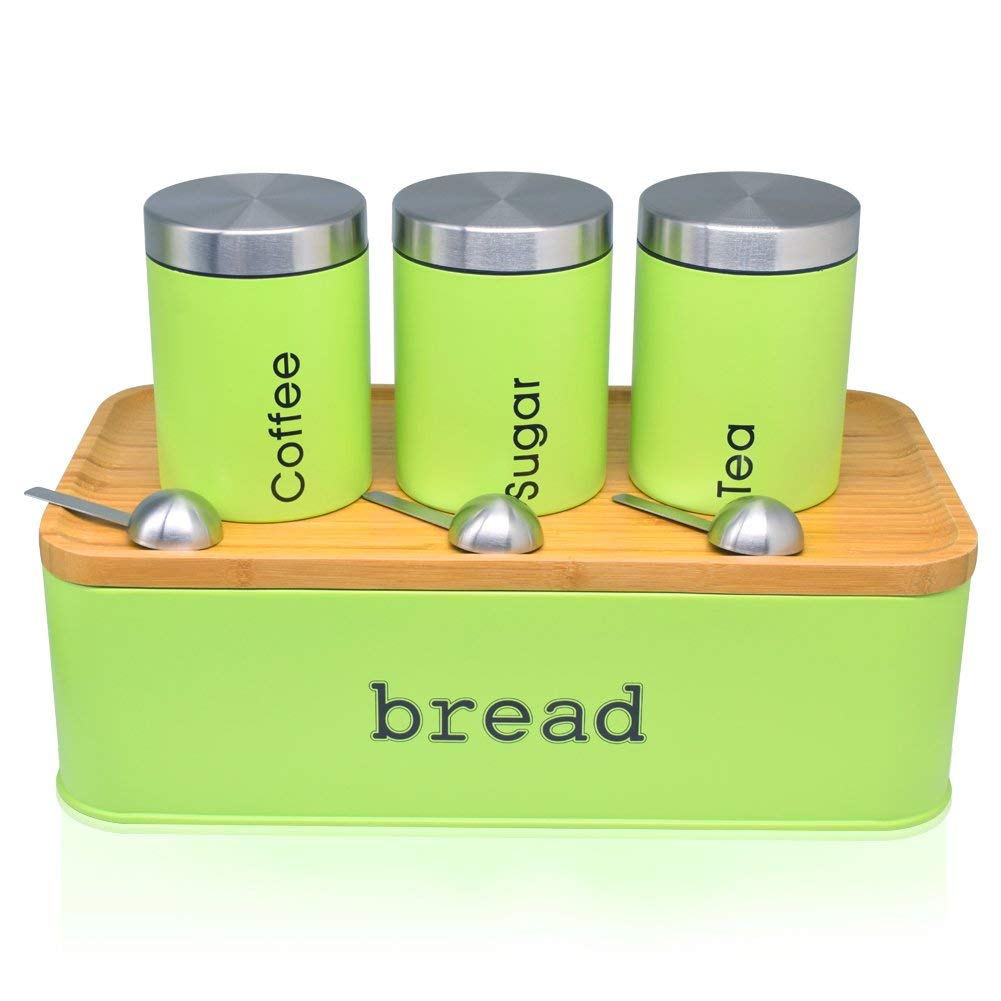 Bread Box For Kitchen, Stainless Steel Bread Bin with Cutting Boards,Storage Container For Loaves,Boudin Bakery,Baguette,Bread holder for Baked Bread with Set of 3 Canister- Apple Green (Green)