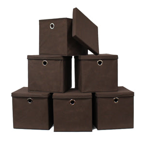 Pezin & Hulin 6 Pack Foldable Storage Cubes with Lid and Metal Eyelet Handle, Fabric Storage Bins 11 x 11 x 11 inch, Collapsible Basket Box Container, Cloth Organizer for Shelves, Closet, (Brown)