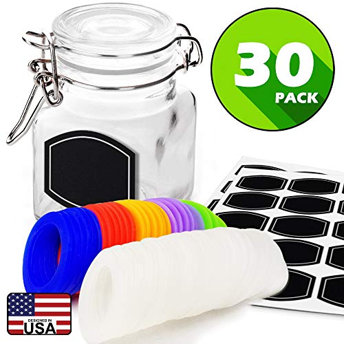 Spice Jars Airtight 4 oz small mason Glass Jars with Leak Proof Multi Color Gasket + Hinged Lid + Reusable Chalkboard Label Multipurpose Spice Containers Herb Seasoning Art Craft Storage Empty 30 Pack